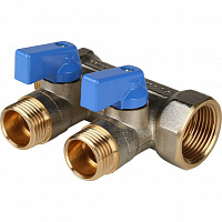 SMB 6201 341202 STOUT Коллектор с шаровыми кранами 3/4", 2 отвода 1/2" (синие ручки)
